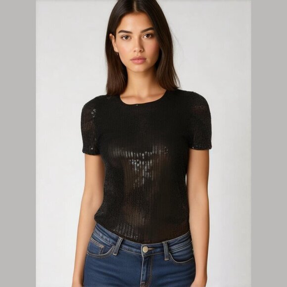DKNY Women's Size Medium Black Sequined Short-Sleeve Crewneck Blouse NWT - Picture 1 of 5